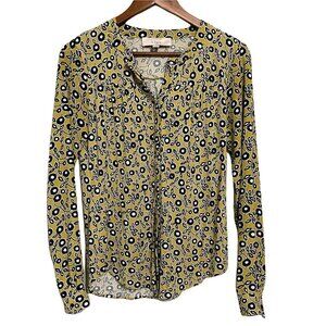 Ann Taylor LOFT Women's Yellow Black Floral Vine Button Up Long Sleeve Blouse XS